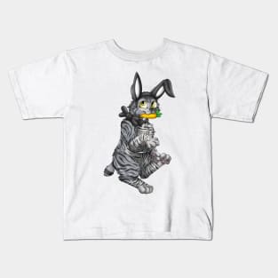 Bobtail BunnyCat: Grey Tabby (Black) Kids T-Shirt